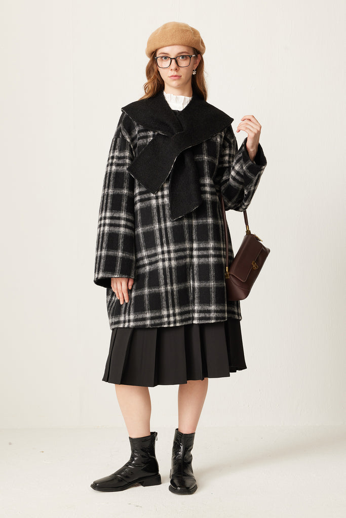 Reversible Plaid Alpaca Wool Double-Faced Coat with Scarf Collar  Fibflx