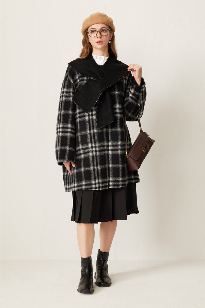 Reversible Plaid Alpaca Wool Double-Faced Coat with Scarf Collar  Fibflx