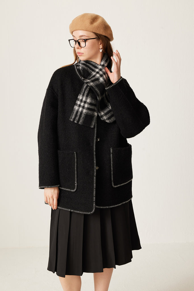 Reversible Plaid Alpaca Wool Double-Faced Scarf Coat Black / M Fibflx