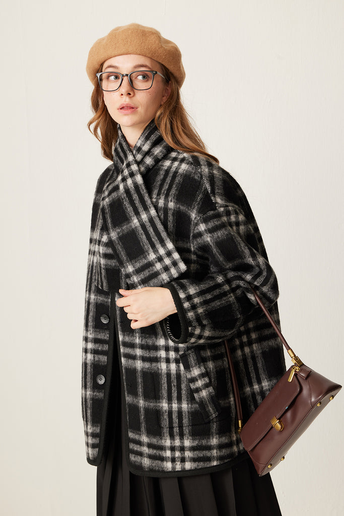 Reversible Plaid Alpaca Wool Double-Faced Scarf Coat  Fibflx