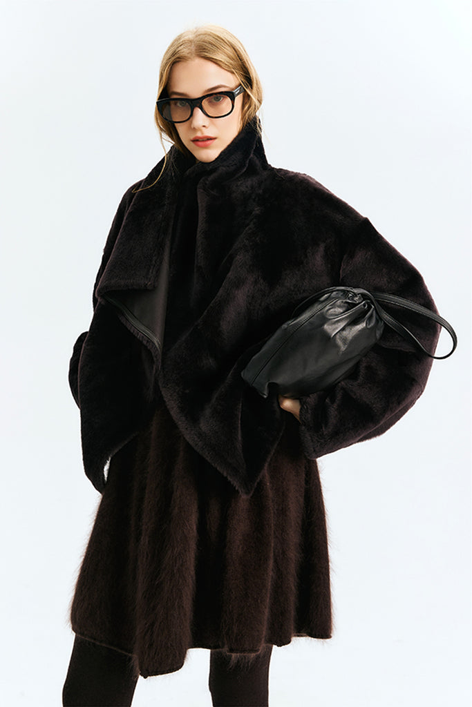 Reversible Shearling Sculptural Collar Short Sheepskin Jacket  Fibflx