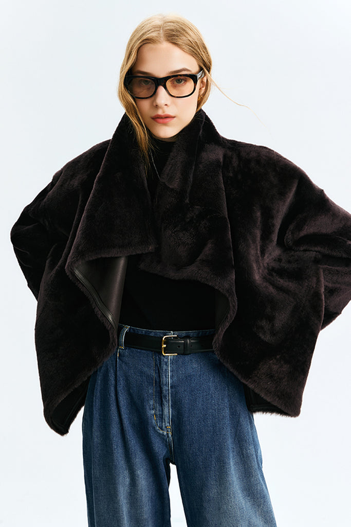 Reversible Shearling Sculptural Collar Short Sheepskin Jacket  Fibflx