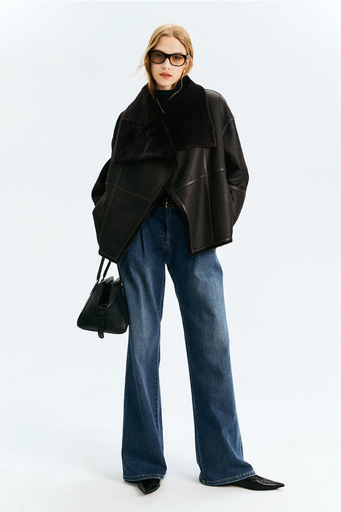 Reversible Shearling Sculptural Collar Short Sheepskin Jacket  Fibflx