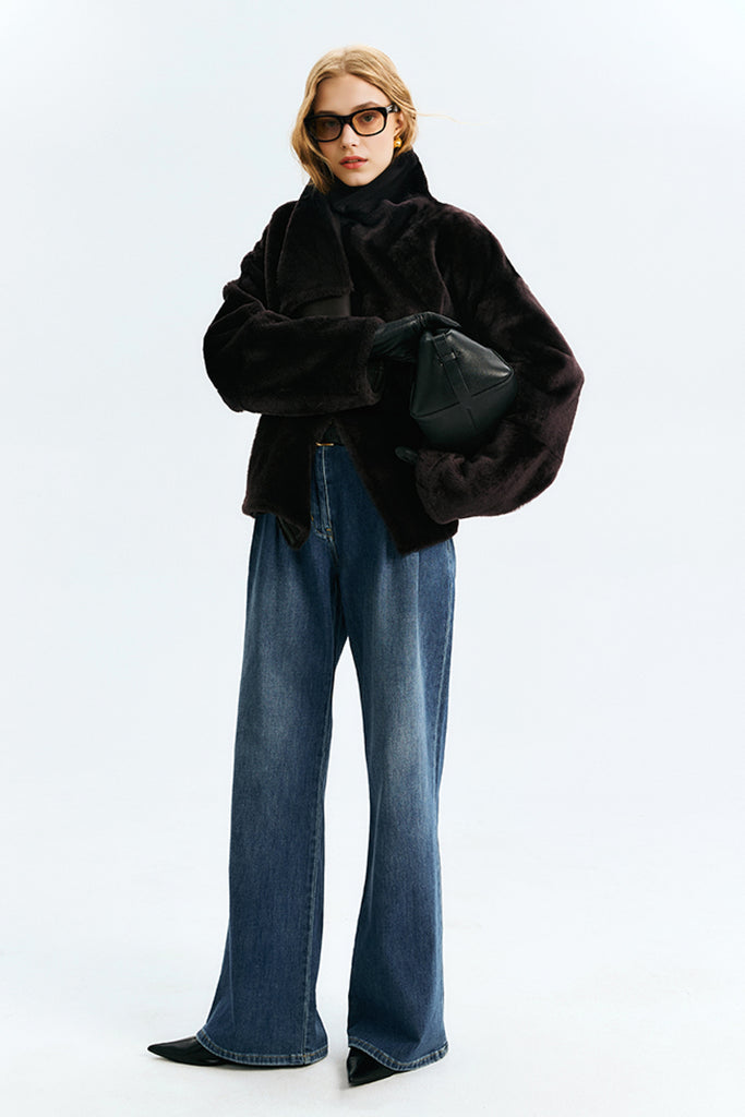 Reversible Shearling Sculptural Collar Short Sheepskin Jacket  Fibflx