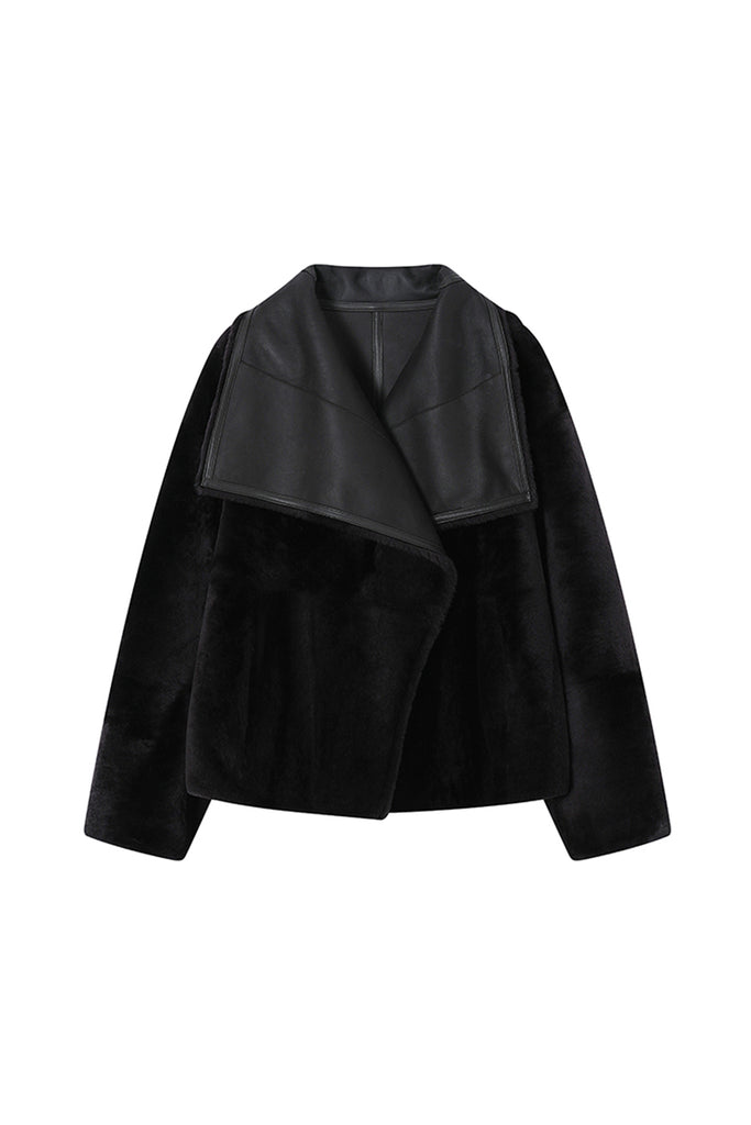 Reversible Shearling Sculptural Collar Short Sheepskin Jacket  Fibflx