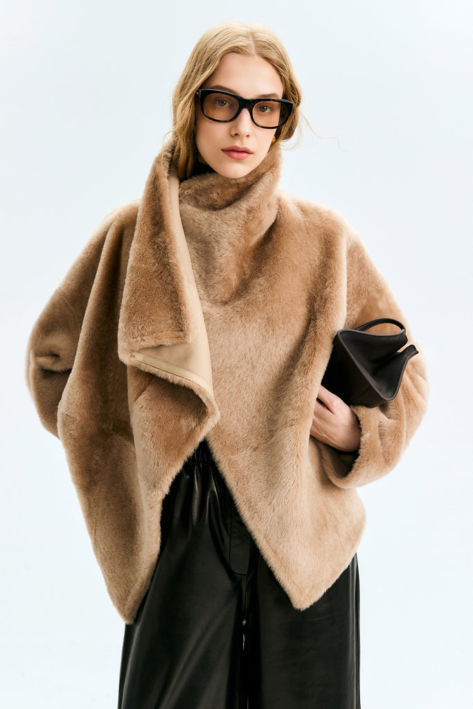 Reversible Shearling Sculptural Collar Short Sheepskin Jacket  Fibflx