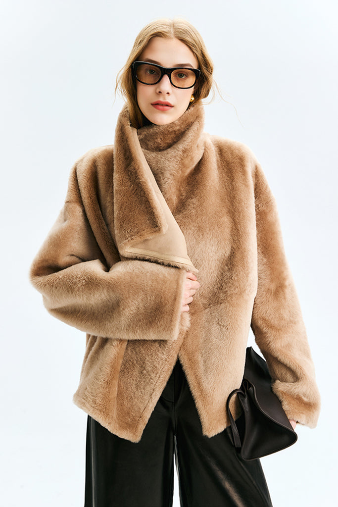 Reversible Shearling Sculptural Collar Short Sheepskin Jacket  Fibflx