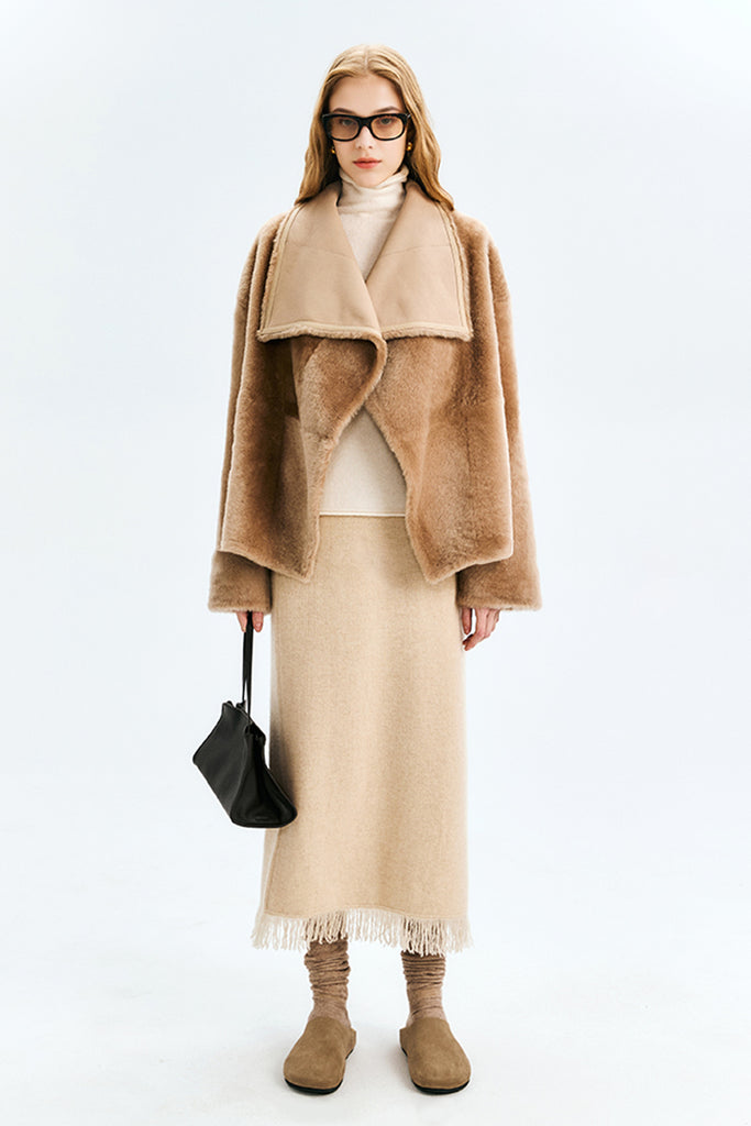 Reversible Shearling Sculptural Collar Short Sheepskin Jacket  Fibflx