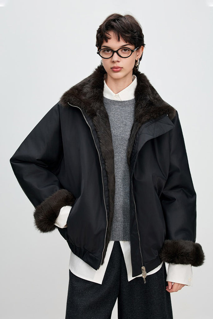 Reversible Spanish Rabbit Fur Lined Bomber Jacket  Fibflx