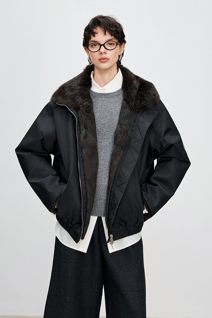 Reversible Spanish Rabbit Fur Lined Bomber Jacket  Fibflx