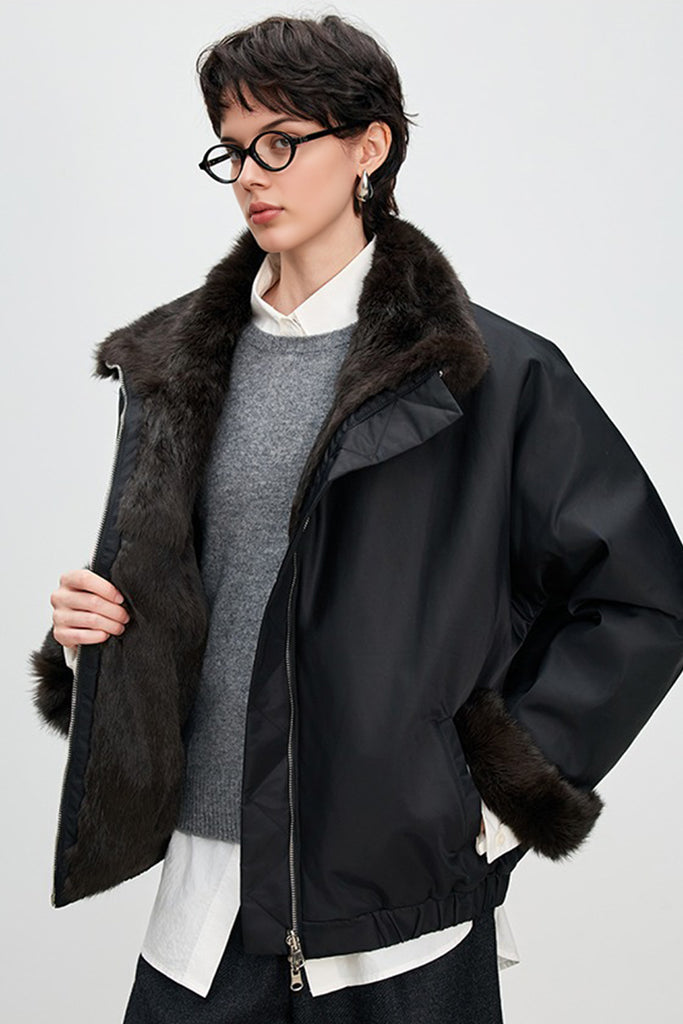 Reversible Spanish Rabbit Fur Lined Bomber Jacket  Fibflx
