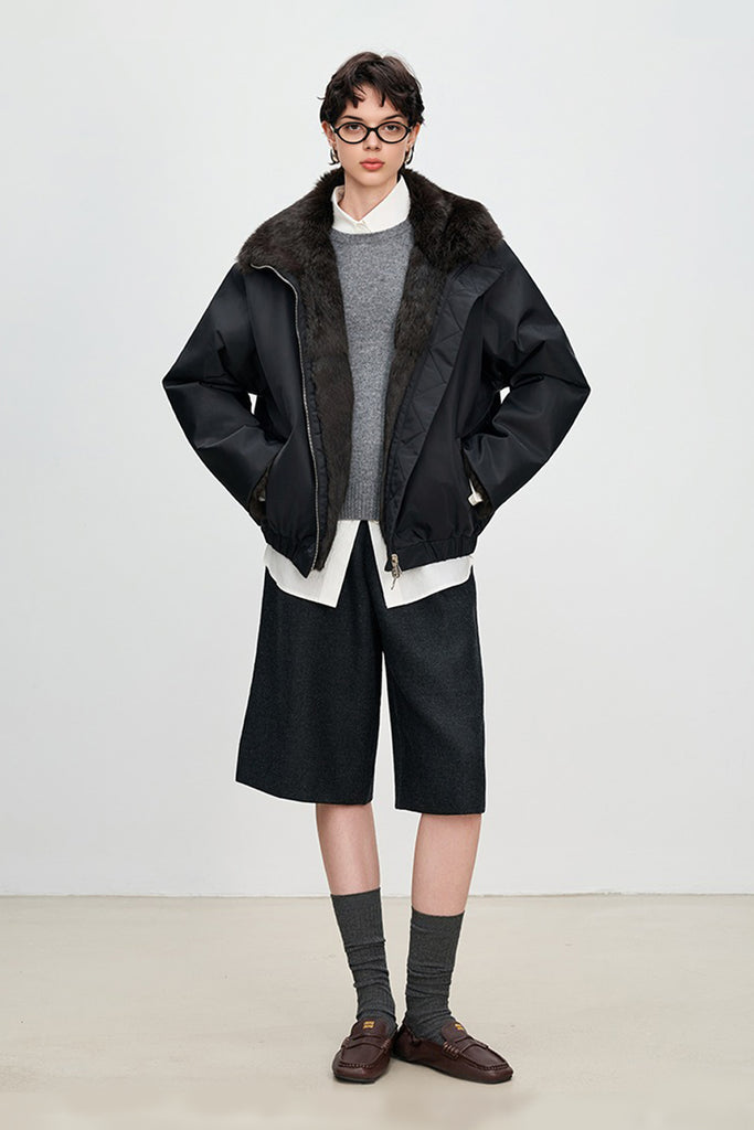 Reversible Spanish Rabbit Fur Lined Bomber Jacket  Fibflx