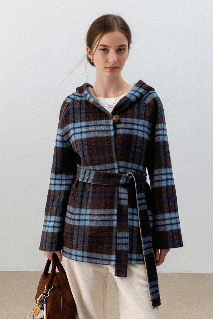 Fibflx Women's Reversible Vintage Short Plaid Wool Coat with Hood and Belt