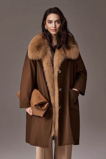 Fibflx Women's Rex Rabbit Fur Lined Shawl Collar Parka Coat with Detachable Fox Fur Collar