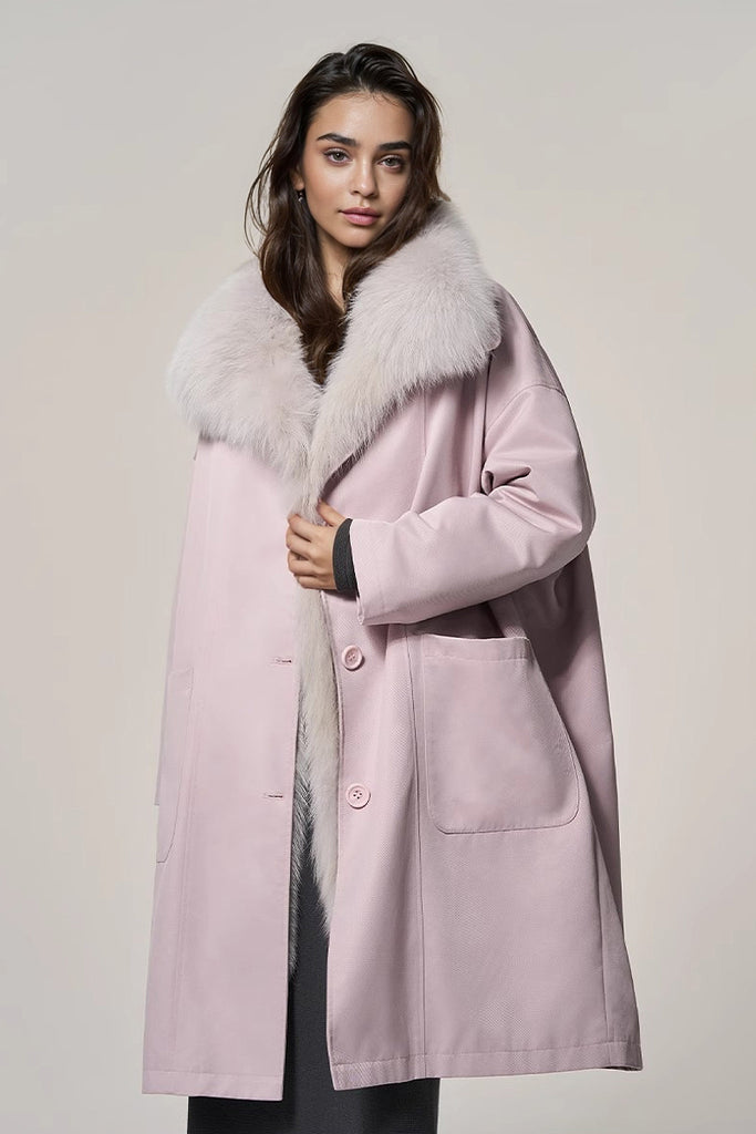 Rex Rabbit Fur Lined Shawl Collar Parka Coat with Detachable Fox Fur Collar M / Pink / Outer: 100% Recycled Polyester  Lining: Fibflx