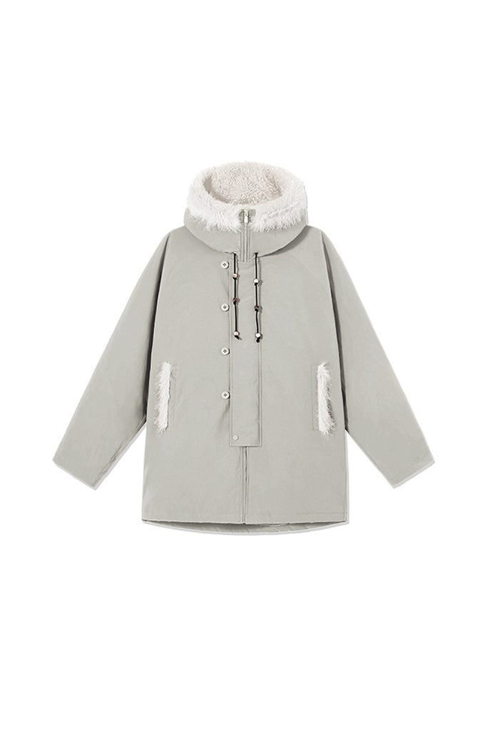 Mid-Length Hooded Parka Jacket with Faux Fur Trims L / Rhinestone Grey / 100% Recycled Polyester Fibflx