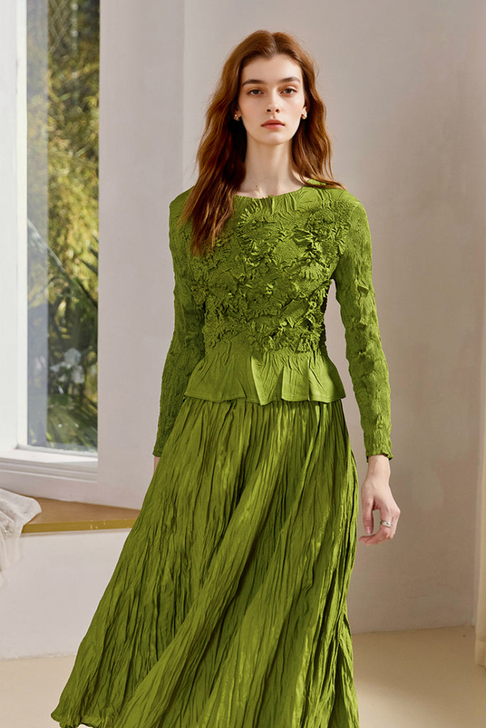 Romantic Flowy Textured A-Line Midi Skirt  Fibflx