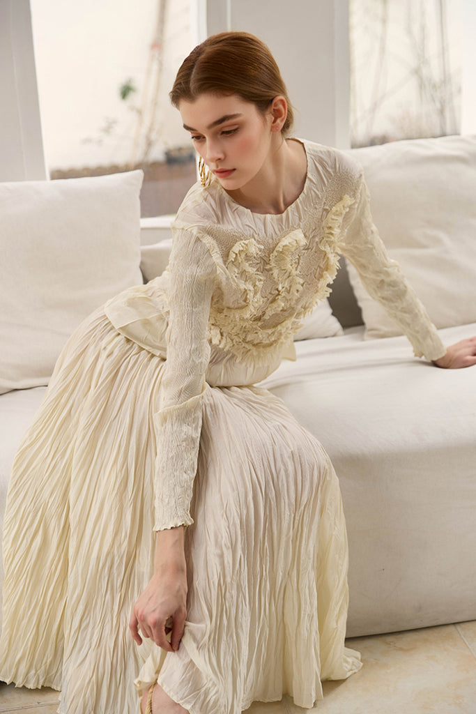 Romantic Flowy Textured A-Line Midi Skirt  Fibflx