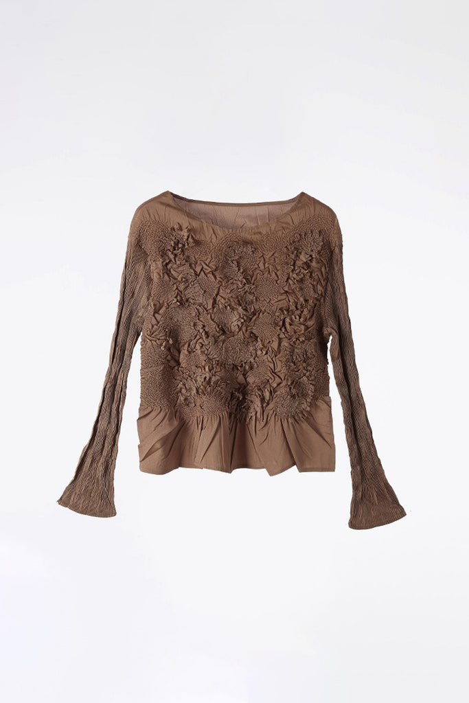 Romantic Handmade Floral Embroidery Textured Blouse Camel / One Size (Flexible fit for US 0-6) Fibflx