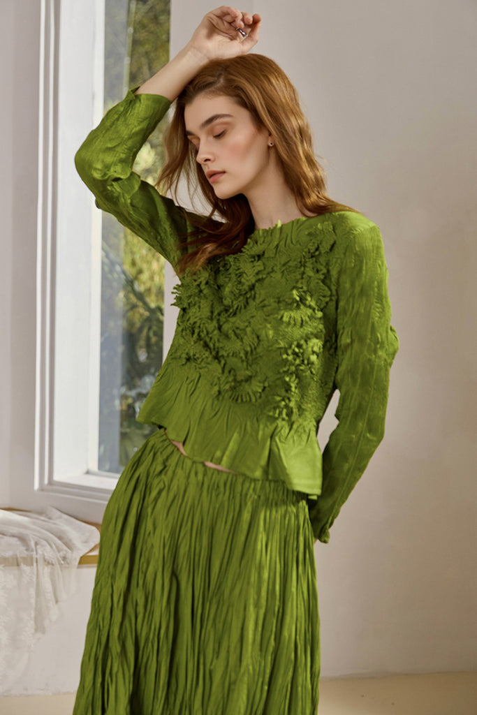 Romantic Handmade Floral Embroidery Textured Blouse  Fibflx