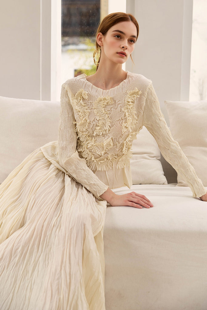 Romantic Handmade Floral Embroidery Textured Blouse  Fibflx