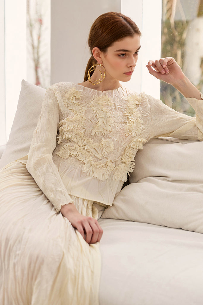 Romantic Handmade Floral Embroidery Textured Blouse  Fibflx