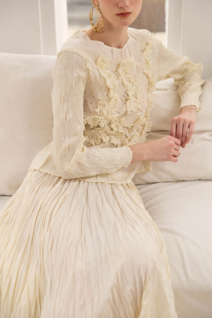 Romantic Handmade Floral Embroidery Textured Blouse  Fibflx