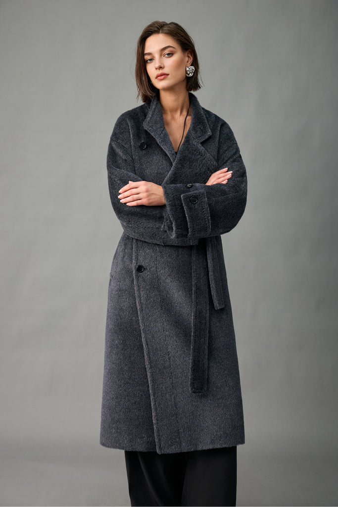 Royal Baby Suri Alpaca Wool Stand Collar Belted Wrap Coat  Fibflx