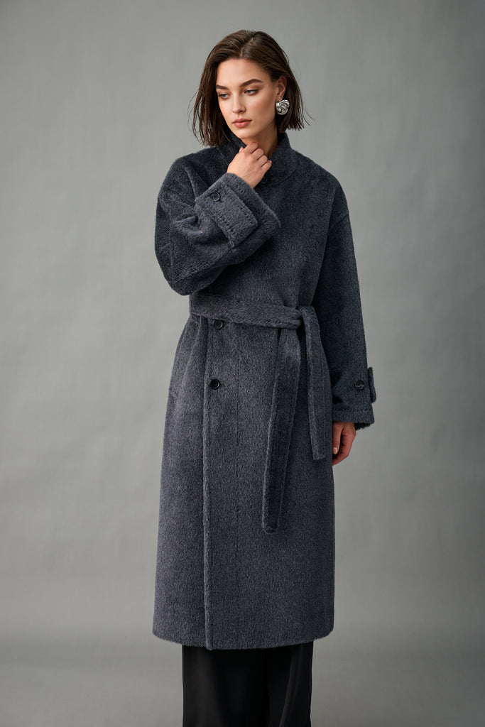 Royal Baby Suri Alpaca Wool Stand Collar Belted Wrap Coat  Fibflx