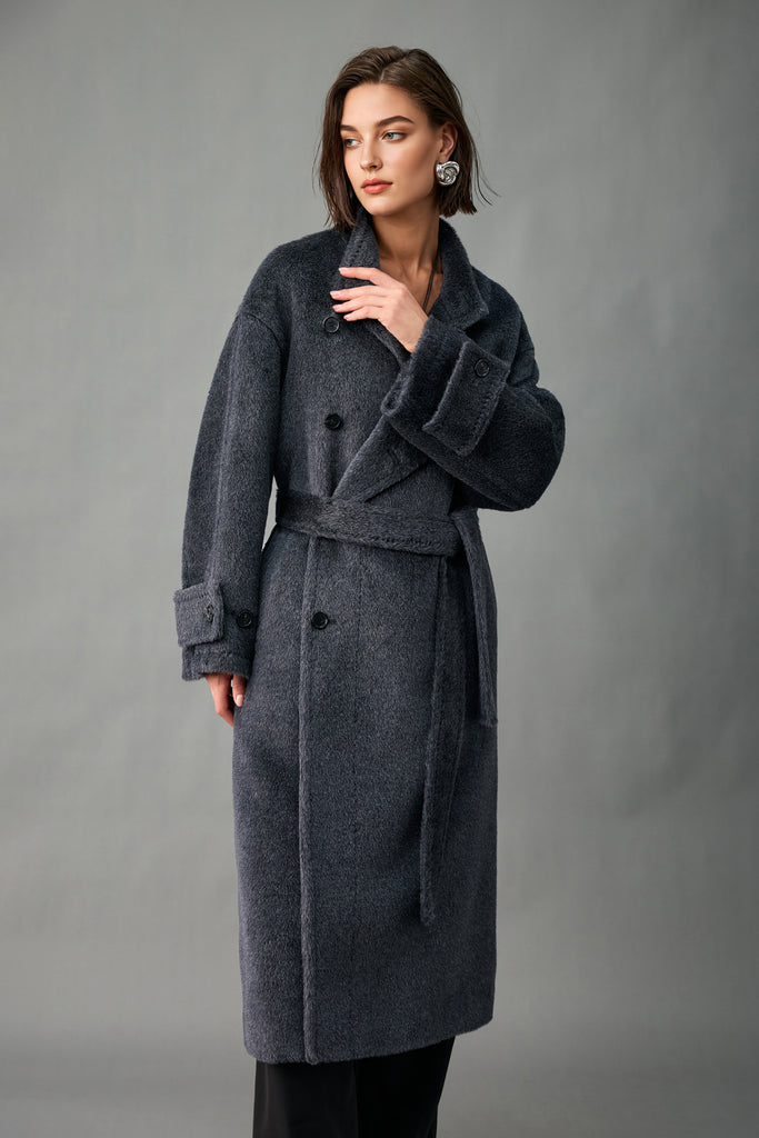 Royal Baby Suri Alpaca Wool Stand Collar Belted Wrap Coat  Fibflx