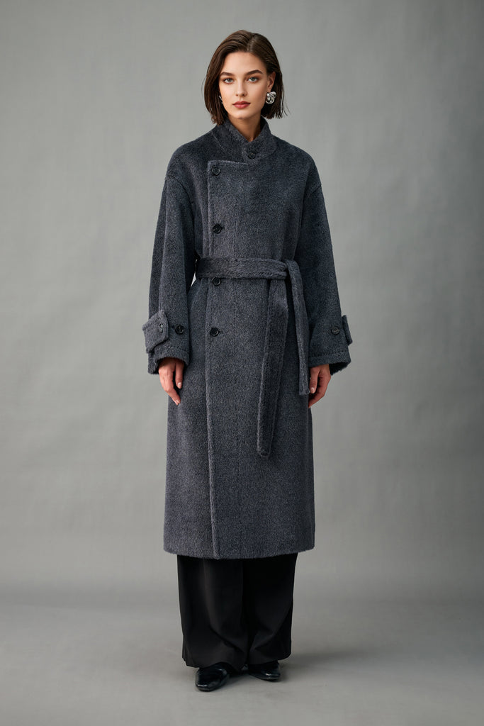 Royal Baby Suri Alpaca Wool Stand Collar Belted Wrap Coat  Fibflx