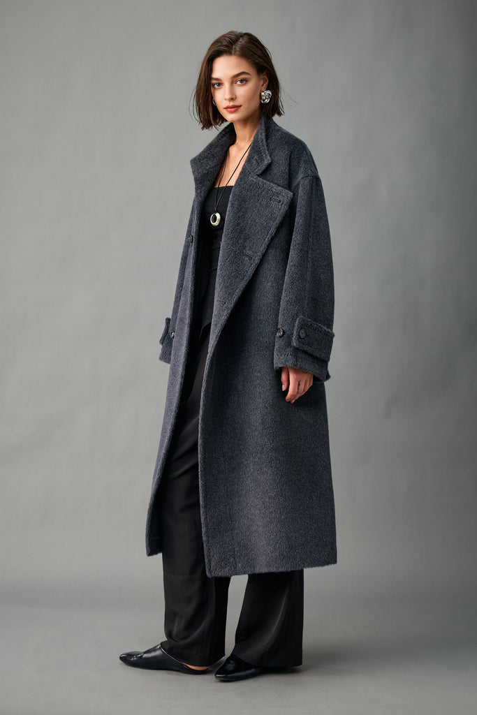 Royal Baby Suri Alpaca Wool Stand Collar Belted Wrap Coat  Fibflx