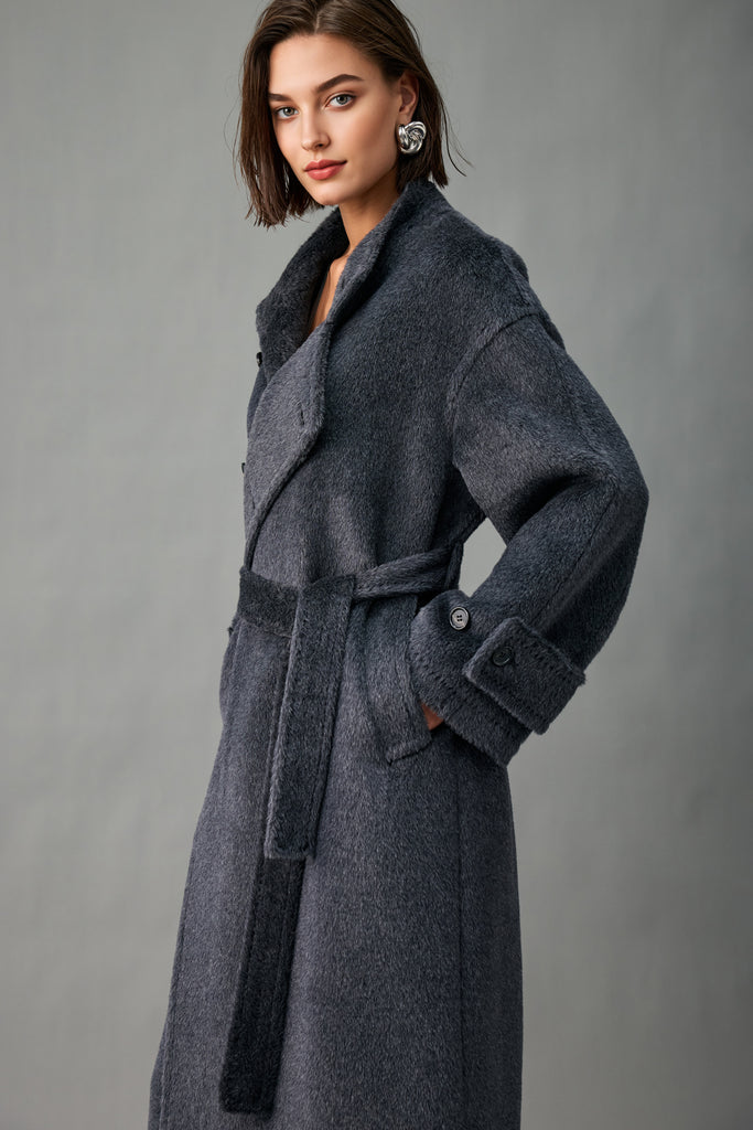 Royal Baby Suri Alpaca Wool Stand Collar Belted Wrap Coat  Fibflx