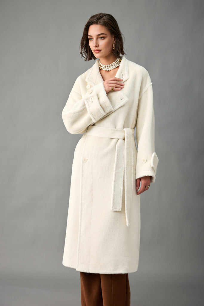 Royal Baby Suri Alpaca Wool Stand Collar Belted Wrap Coat  Fibflx