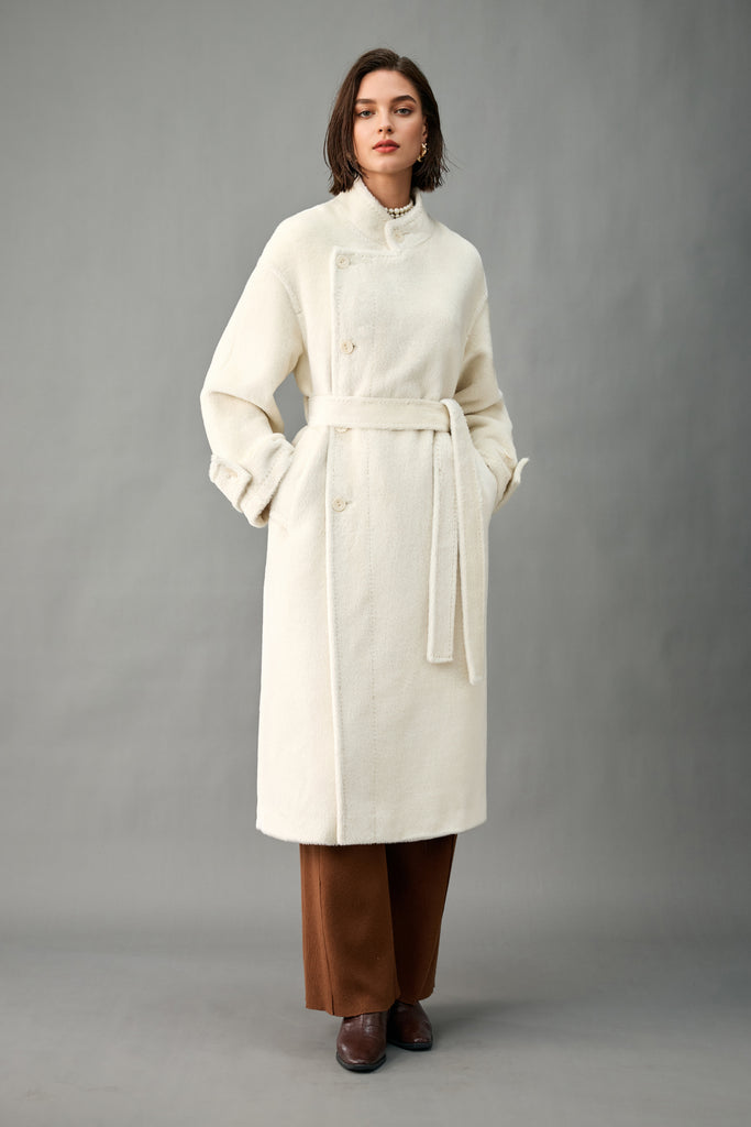 Royal Baby Suri Alpaca Wool Stand Collar Belted Wrap Coat  Fibflx