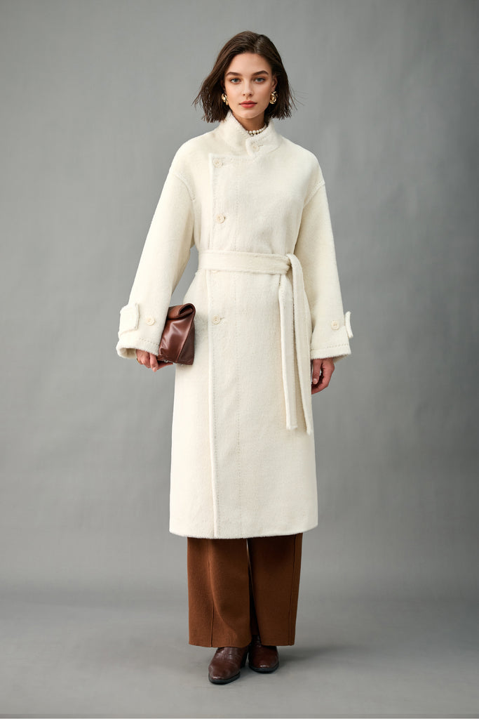 Royal Baby Suri Alpaca Wool Stand Collar Belted Wrap Coat  Fibflx