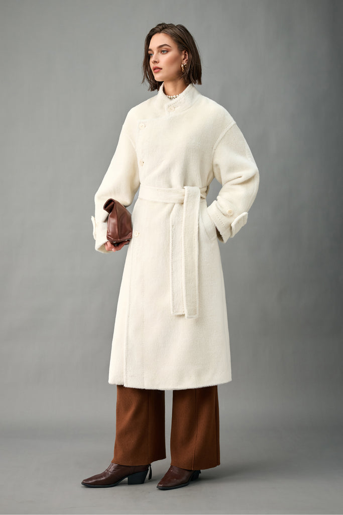 Royal Baby Suri Alpaca Wool Stand Collar Belted Wrap Coat  Fibflx