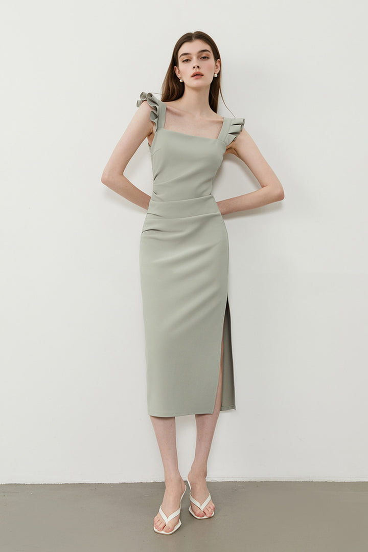 Square-Neck Midi Sheath Dress With Side Slit M / Sage Green / 94.6% Polyester 5.4% Spandex Fibflx