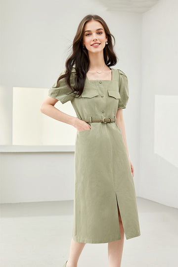 Sage Green Cargo Square-Neck Belted Midi Dress - Fibflx