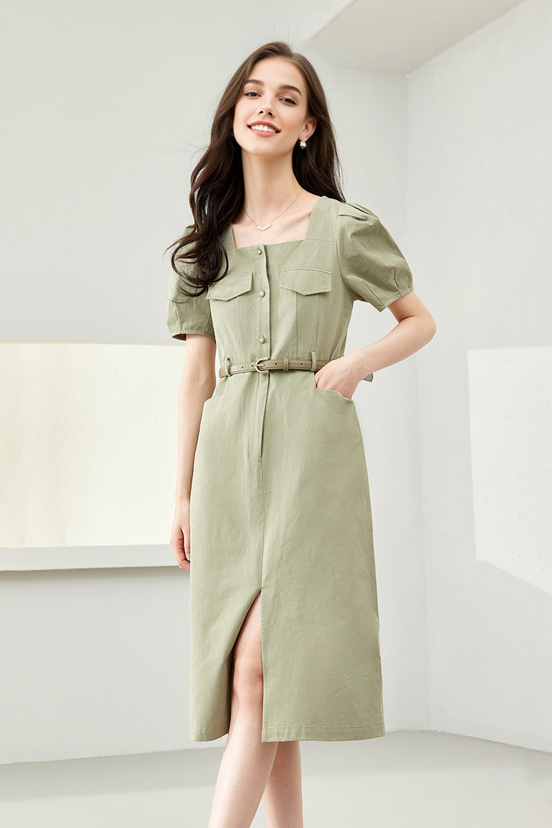 square neck belted midi dress Sage Green Cargo Square-Neck S / Sage Green / 100% Cotton self portrait Pink Crochet Crafted from premium materials INV-813089 Color:gray green