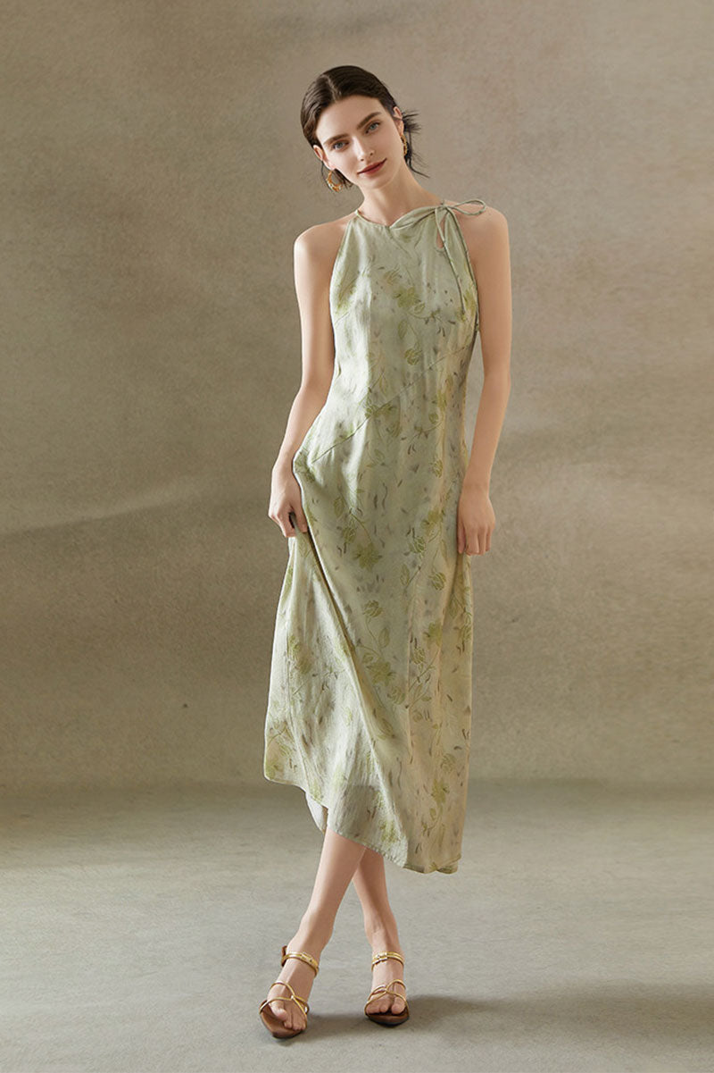 sage green jacquard dress Halter Midi with Shoulder Bow Lime Sherbet Green / S Sale Women