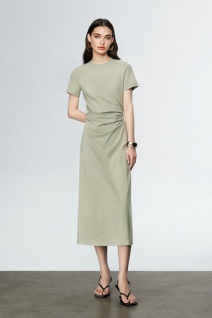 Sage Green Ruched-Waist T-Shirt Midi Dress XS / Sage Green / 46% Viscose 39.8% Cotton 14.2% Spandex