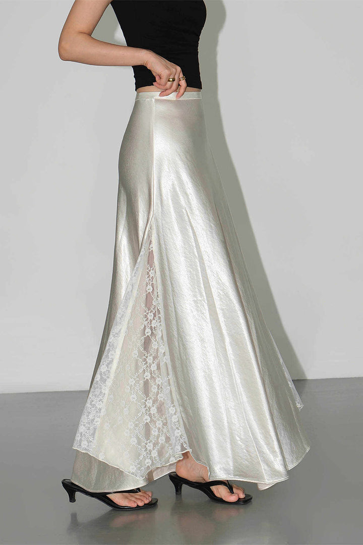 Satin A Line Maxi Skirt with Side Lace Panel  Fibflx