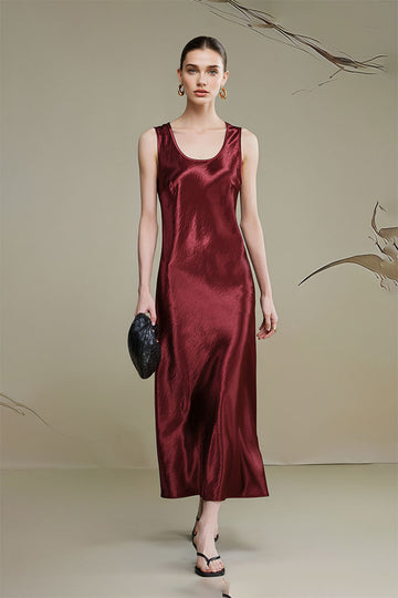 Satin Sleeveless Scoop-Neck Tank Midi Dress - Fibflx