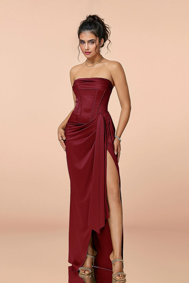 Fibflx Women's Satin Strapless Corset Bodycon Maxi Dress with High Slit