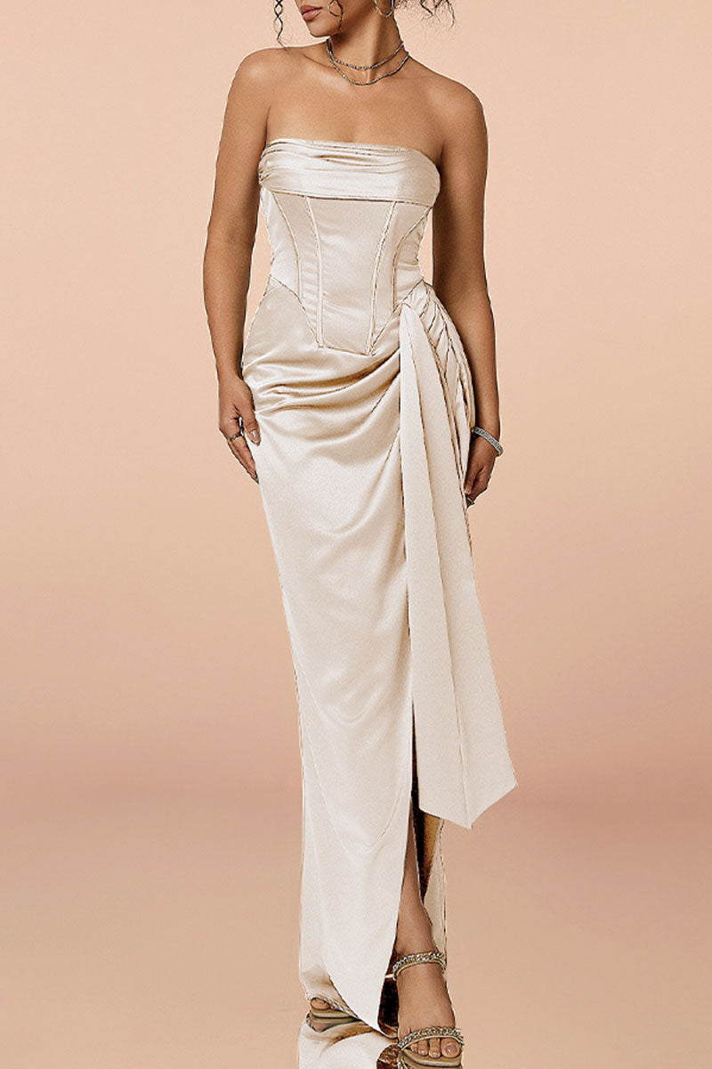 Satin Strapless Corset Bodycon Maxi Dress with High Slit