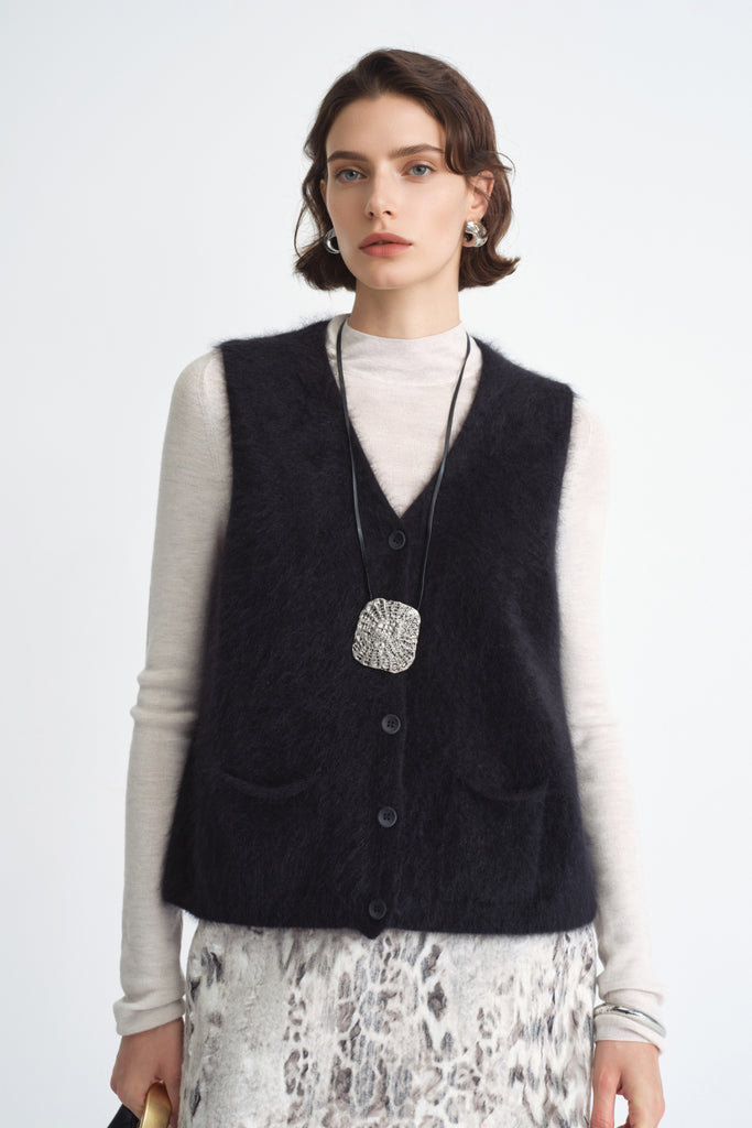 Seamless Brushed Cashmere V-Neck Cardigan Sweater Vest  Fibflx