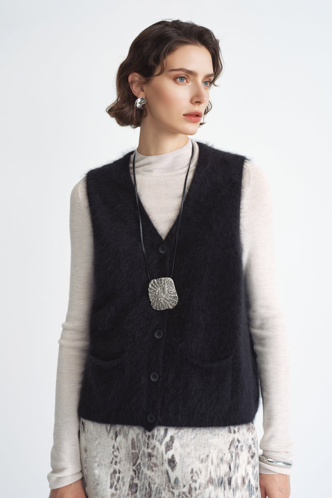 Seamless Brushed Cashmere V-Neck Cardigan Sweater Vest  Fibflx