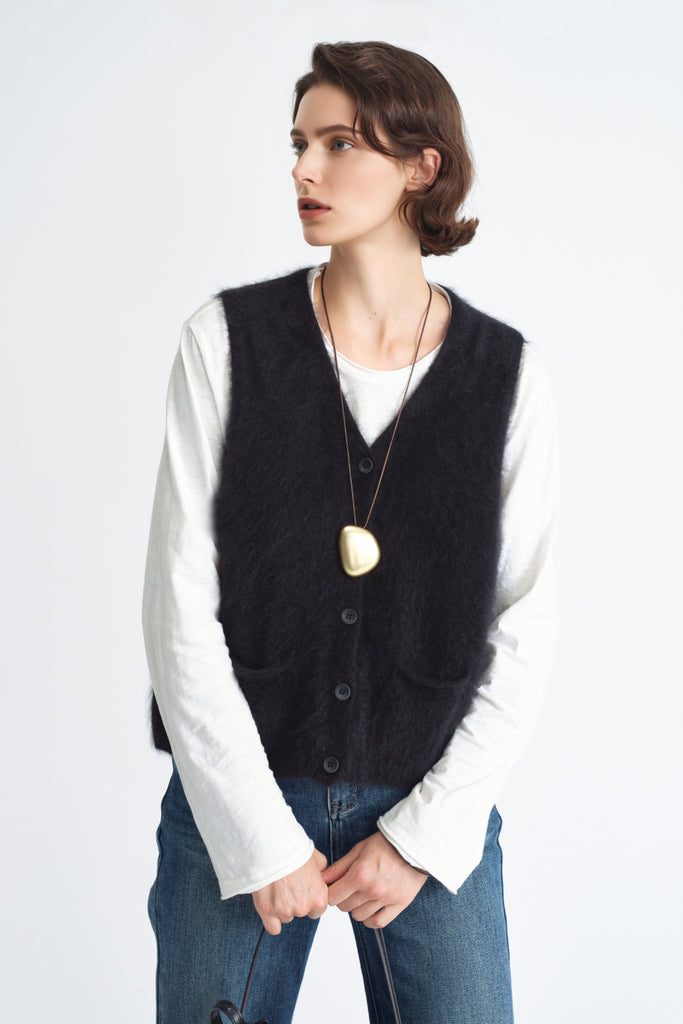 Seamless Brushed Cashmere V-Neck Cardigan Sweater Vest  Fibflx