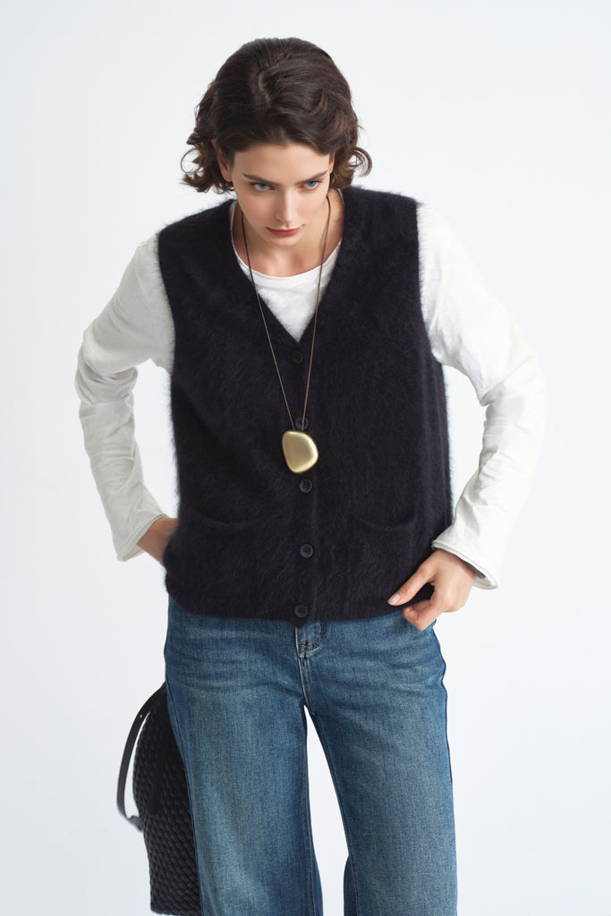 Seamless Brushed Cashmere V-Neck Cardigan Sweater Vest  Fibflx